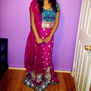 Blue & Magenta Pink Lehenga with Blouse & Dupatta